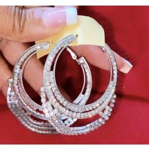 Silver Toned Bedazzled Hoop Chandelier Earrings w/ Rhinestones